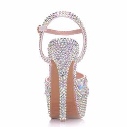 Sandales Crystal Queen Diamond Femmes Super High Talons Pompes de mariage 14cm Peep Chaussures Plate-forme 4CM Bracelet Stiletto coloré