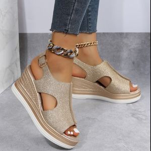 Sandales découpées paillettes couleur doré Sier femmes chaussures compensées décontractées une ligne boucle Peep Toe été plage 230630