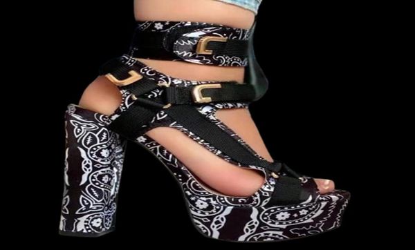 Sandales mignonnes bandana imprimer des talons hauts plate-forme pour femmes dames d'été