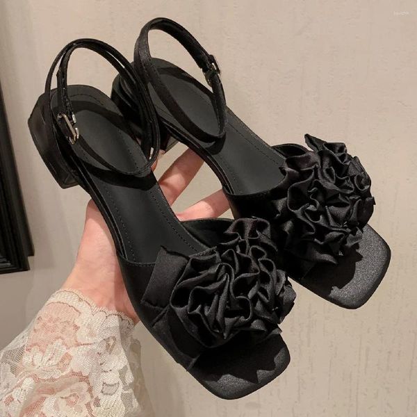 Sandalias Danxuefei Mujer Cuero genuino Tobillo Correa Pisos Decoración de flores Punta abierta Verano Casual Dulce Estilo Coreano Zapatos