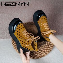 Sandalias con diseño de punta redonda para mujer, botines planos de cuero, calzado con cordones, zapatos de plataforma de verano, 2022