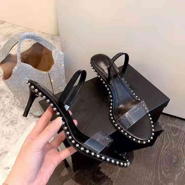 Sandalias Zapatos de mujer de diseñador Bola de acero de lujo Diamantes de imitación Tacones altos Moda Cinturón transparente Zapatillas Diapositivas 220328