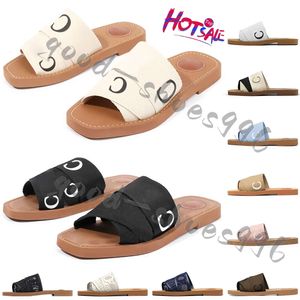 Sandalias Diseñador Woody Sandalias de mujer Mule Flats Marrón claro beige blanco Negro rosa encaje tela grabada zapatillas de lona Zapatillas de verano para mujer al aire libre zapatos