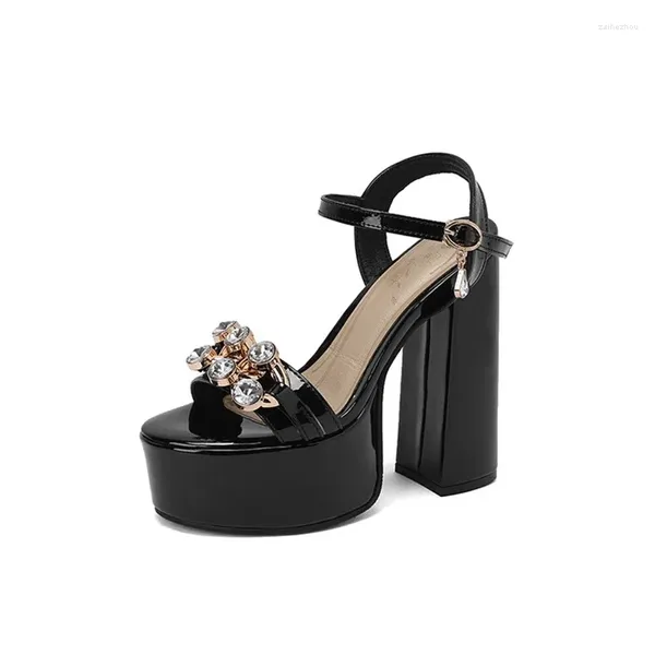 Sandalias Diseñadores Marca Plataforma de agua Tacón súper alto Mujeres Cabeza redonda Charol Metal Rhinestone Moda decorativa A89