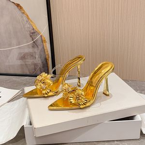 Sandales Designers Pantoufles Femmes Chaussures Transparent PVC Fleur Cristal Strass Talon Aiguille Chaussure À Talons Hauts Sandale 35-42