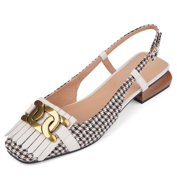 Sandales Dilalula 2023 Style rétro femme été frange dames à talons bas carré bout couvert Plaid métal décoration femme sandales sandales