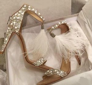 Sandales Drop Sexy Femmes Pompes Été Strass Zipper Plume Talon Haut Abricot Chaussures De Mariage