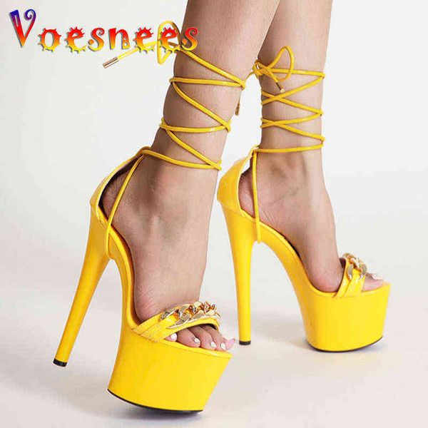 Sandales Een Woord Keten Stalen Buis Dansschoenen Vrouwen 2022 Zomer Hoge Hak Peep Toe Party Sandalen Dikke Bodem 17Cm enkel Lace Up Schoenen 220121