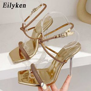 Sandalen Eilyken 2023 Nieuwe KRISTAL Hoge Hakken Smalle Band Sandalen Sexy Open Teen Gladiator Back Strap Vrouwen Zomer Zilver Goud schoenen L230720