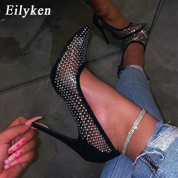 Sandalias Eilyken Fashion Glitter Colorful Rhinestones Mujeres Bombas Sexy Hollow Out Transpirable Mesh Thin Heel Party Wedding Bride Shoes L230720