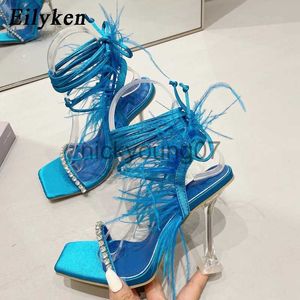 Sandalias Eilyken moda verano Rhinestone pluma mujeres sandalias con cordones cruzado sexy gladiador punta cuadrada señoras zapatos de tacón alto J240122