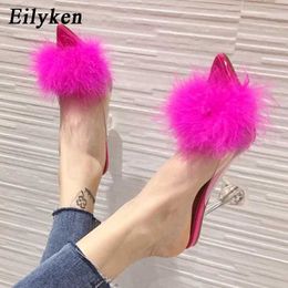 Sandales Eilyken Plume De Fourrure PVC Transparent Talons Hauts Femme Pantoufles Bout Pointu Mules Dame Pompes Diapositives Stripper Blanc Chaussures L230720