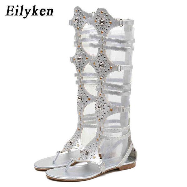 Sandales Eilyken or femmes gladiateur romain sandales en cuir Pu bout ouvert genou haut Rivet loisirs sandales bottes plat 220318