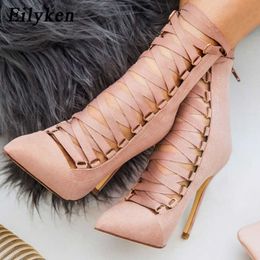 Sandalen Eilyken Hohe Qualität Gladiator Frauen Pumpe Genova Stiletto Sandale Boot Spitz Zehe Riemchen Spitze Up Pumps Schuhe Frau Sandalen 12 cm T230208