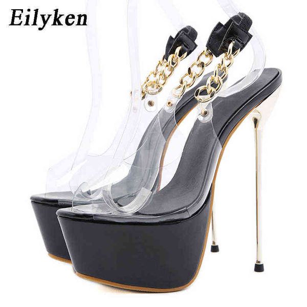 Sandales Eilyken chaîne en métal décoration dos bande élastique femmes sandales talons hauts mode d'été Pvc transparent dames pompes chaussures 220318