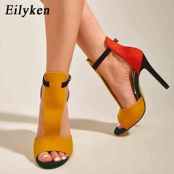 Sandales Eilyken Multi Couleur Femme Sandales T-Strap Stilettos Talons Hauts Chaussures Femme Sexy Peep Toe Cover Heel Party Chaussures De Mariage Taille 42 220310