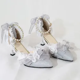 Sandales Elegant Lolita Lace High Heels Loli Robe de mariée chaussure Fée Femme Thé Party Butterfly Bow Féminine