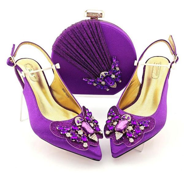 Sandalias Elegante Tacón Púrpura 75 CM Bombas De Mujer Bolso Combinado Con Decoración De Flores De Diamantes De Imitación Zapatos Africanos Y Conjunto De Bolso QSL0312324698