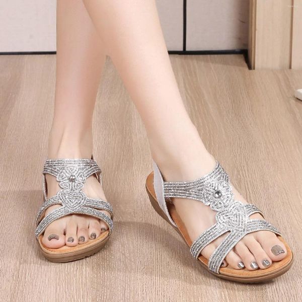 Sandales chaussures élégantes strass boucle talon extensible sangle élastique femme tendance Style Boho tongs perlées Sandalias