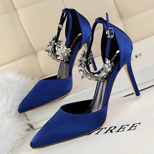 Sandales élégantes Stripper 9.5 cm talons hauts femmes été talon fin bout pointu soie Design bleu cristal chaussure de mariage