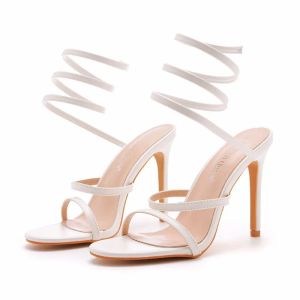 Sandales élégants femmes fête sandales chaussures de mariage sexy pu 10,5 cm talons minces sangle robe de mariée chaussures de femmes blancs élégant