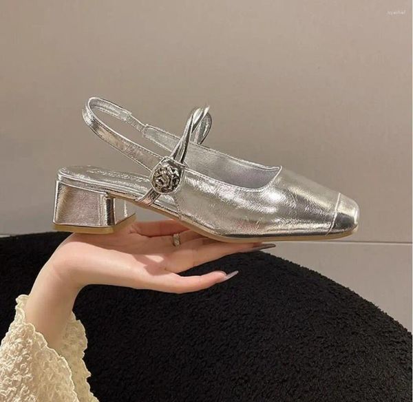 Sandales Robes argentées élégantes pour femmes 2024 Été à talons épais talons hauts chaussures Femmes All-Match Mary Jane Leather Shoe