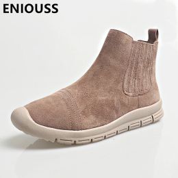 Sandales Eniouss printemps automne véritable cuir femme de cheville bottines en caoutchouc inférieur décontracté bottes martin nubuck cuir dames chaussures