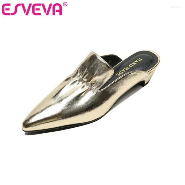 Sandales Esveva 2024 Cuir divisé à talons bas Poigère Femmes Elegant Offant Office Party Mature Pumps Chaussures Femme Summer Taille 34-42