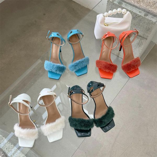 Sandalias Estilo europeo y americano Punta cuadrada Tacón alto Stiletto Visón Hebilla de pelo Moda de hadas para mujeres Sandalias