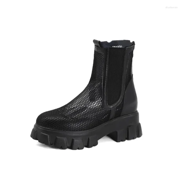 Sandalias Fábrica Mujeres Damas Primavera Geunine Cuero Neto Superficie Botas frescas Banda elástica Zapatos de tacón bajo sexy W7-1