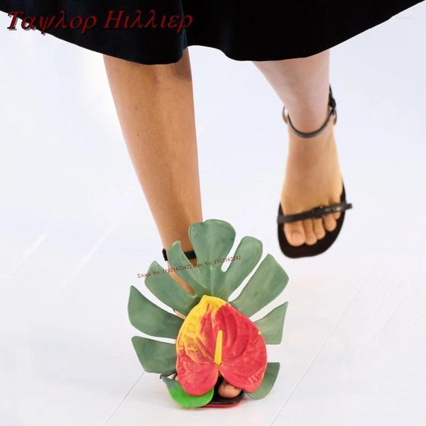 Sandalias Moda Anthurium Hojas Pasarela Color mezclado Elegante Punta abierta Tacones altos Diseñador de banquetes de verano Zapatos de mujer