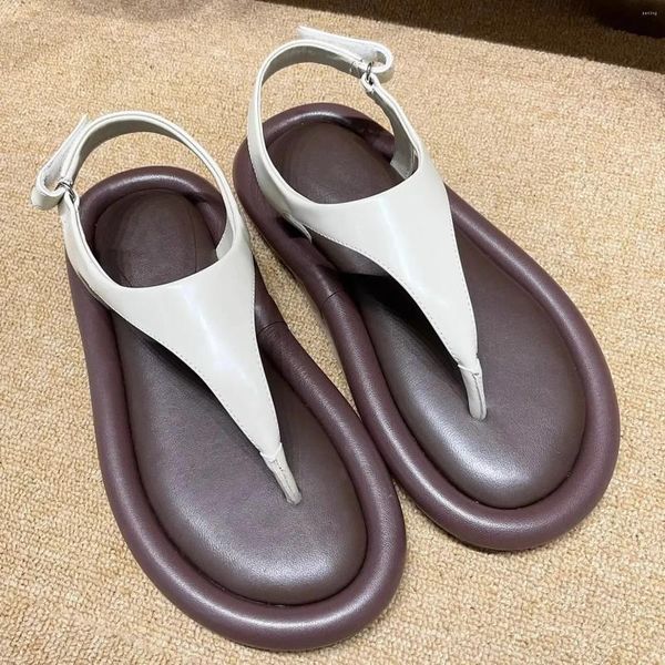 Sandals fashion plage femme noir blanc cuir chaussures d'été de cheville boucle plates plates simples orteils ronds sandalias forfait confortable