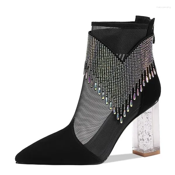 Sandalias Botas de moda Mujeres Glitter Rhinestone Ladies Punta estrecha Zapatos de tacón grueso Vestido Fiesta Mujer Zapatos de malla de Mujer