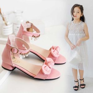 Sandales Mode Bow robe perlée enfants été 2021 princesse romaine sandales pour talon grandes filles chaussures enfants plage école chaussures 313 année Z0225