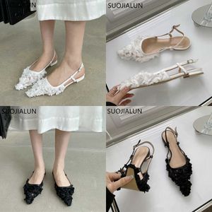 Sandalen Fashion Flower Lace Women Sandaal ondiepe slip op Slingback Flats Ballet Shoes Flat Heel Casual Dress Mules 230316