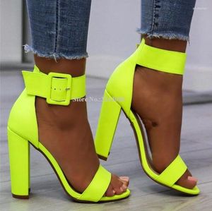 Sandales Mode Citron Jaune Chunky Talon Femmes Peep Toe Boucle De Cheville Chaussures Épaisses Lady Real Pos Haute