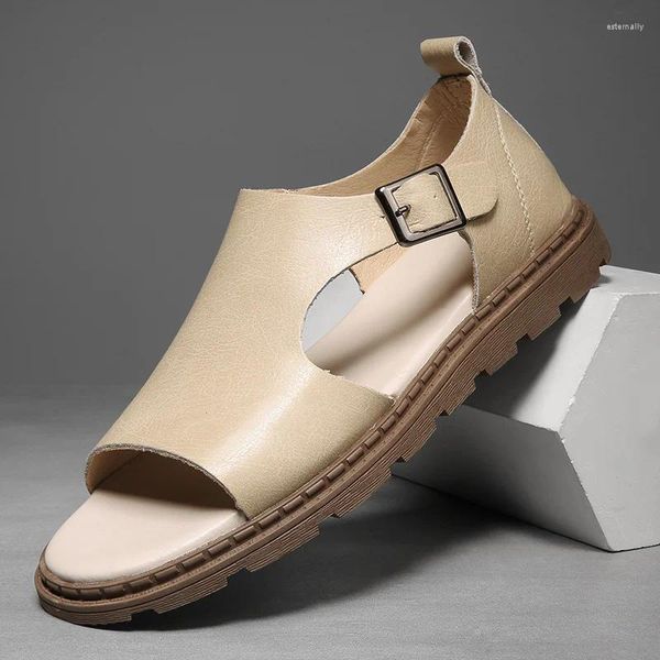Sandales Mode Hommes En Cuir 2024 Pantoufles D'été Cheville Plage Chaussures Hommes Plate-Forme Décontractée Marche Luxe Sport En Plein Air Plat