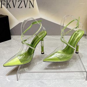 Sandalen Mode PVC Strass Kettingen Clear Schoenen Voor Vrouwen Sexy Puntige Teen Sandalias Kristallen Hoge Hakken Zapatos Mujer