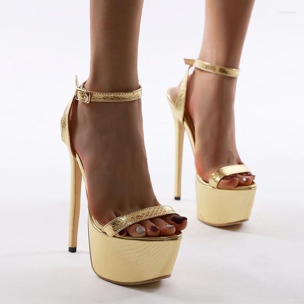 Sandales défilé de mode Sexy talon haut plate-forme boucle sangle PU 16CM talons fins classiques décontracté Serpentine femmes chaussures doré