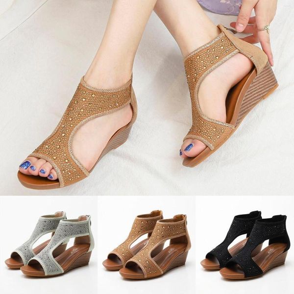 Sandales mode printemps été femmes talon compensé bout ouvert respirant dos fermeture éclair confortable imprimé Animal pour plat