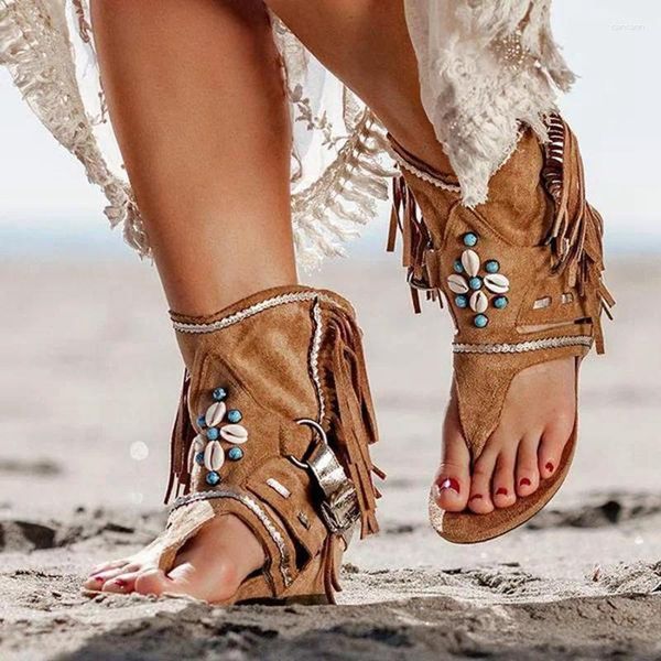 Sandals style mode rétro femme frange fleuris calices chaussures 2024 troupeau de plage de plage décontractée l'été tôle