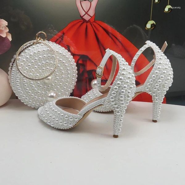 Sandalias Moda Perla blanca Zapatos de novia con punta abierta Pescado Verano Mujer Tobillo Correa Hebilla Bolsa de fiesta de boda Tacón fino