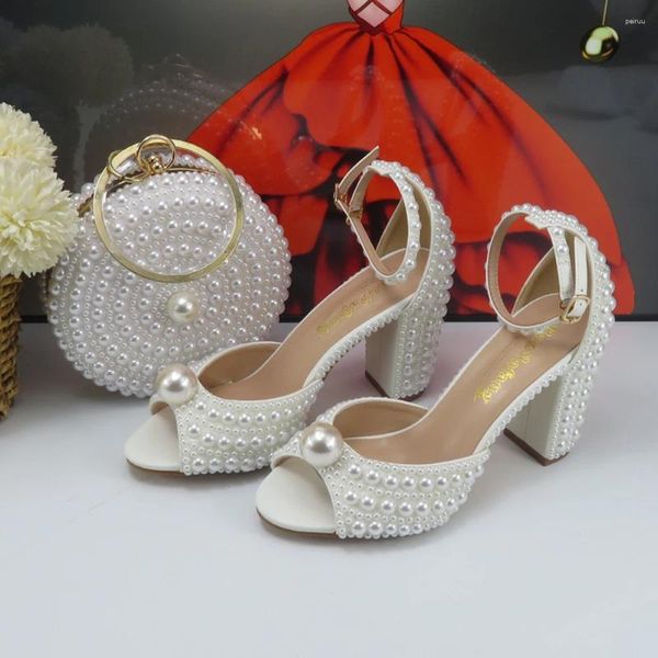Sandalias Moda Perla blanca Zapatos de novia con punta abierta Pescado Verano Mujer Tobillo Correa Hebilla Bolsa de fiesta de boda Tacón grueso