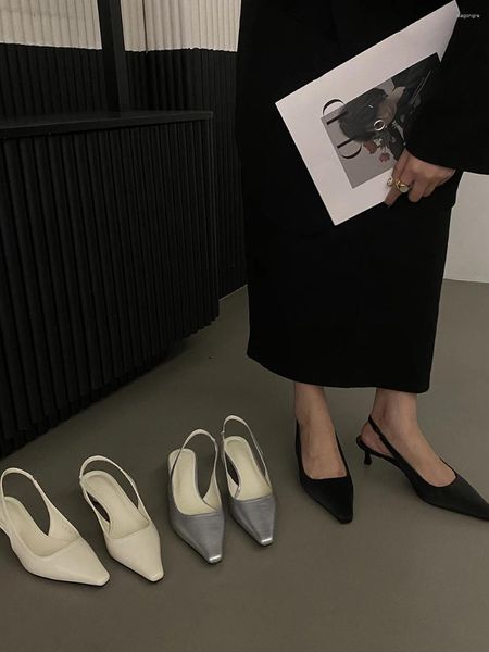 Sandales Mode Femmes 2024 Arrivées Noir Blanc Argent Sangle Arrière Robe De Soirée Mules Chaussures Mince Mi Talon Été 39