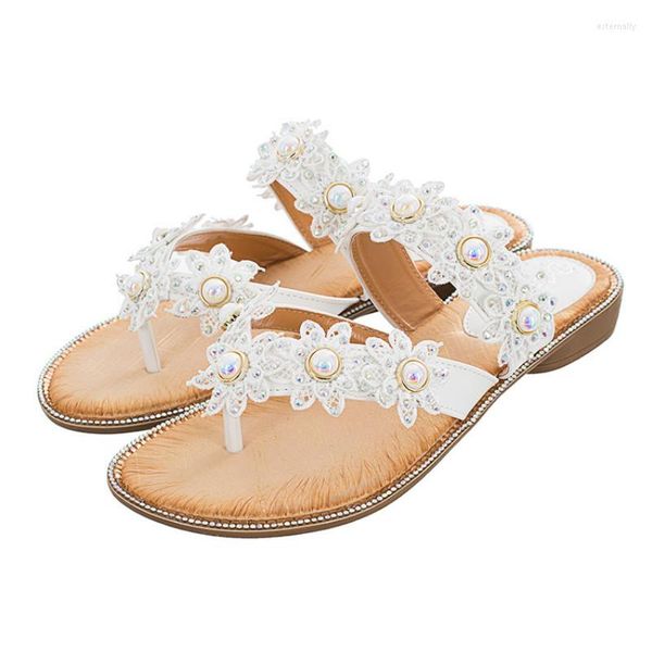 Sandals mode Fashion's with Pearl Flowers Low talons caliers Femme Chaussures Femme Loisure Soft Comfort Ladies Sandalias f￩minina