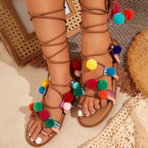 Sandalen mode dames bohemian sandalen lederen flats schoenen pompom strappy sandalen zomer slippers sandalias mujer elegante zomerschoenen