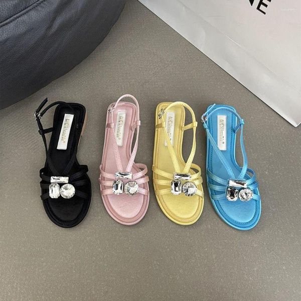 Sandales mode femmes talon plat noir rose jaune bleu cristal strass sangle arrière bande étroite chaussures habillées