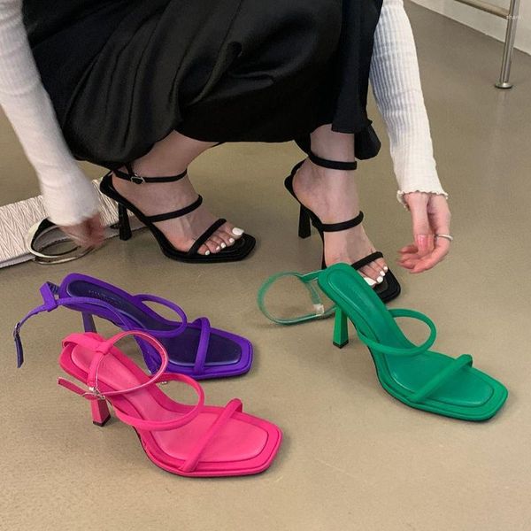 Sandales mode femmes bout ouvert bande étroite mince talons hauts noir violet Rose vert bride à la cheville pompes de fête chaussures femme taille 39