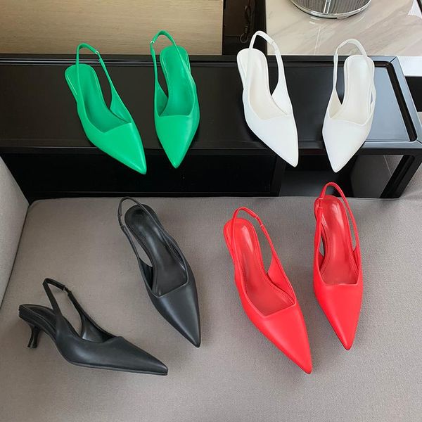 Sandales mode femmes bout pointu couleur unie noir blanc rouge vert sangle arrière bande élastique mince mi talons chaussures de fête d'été 39