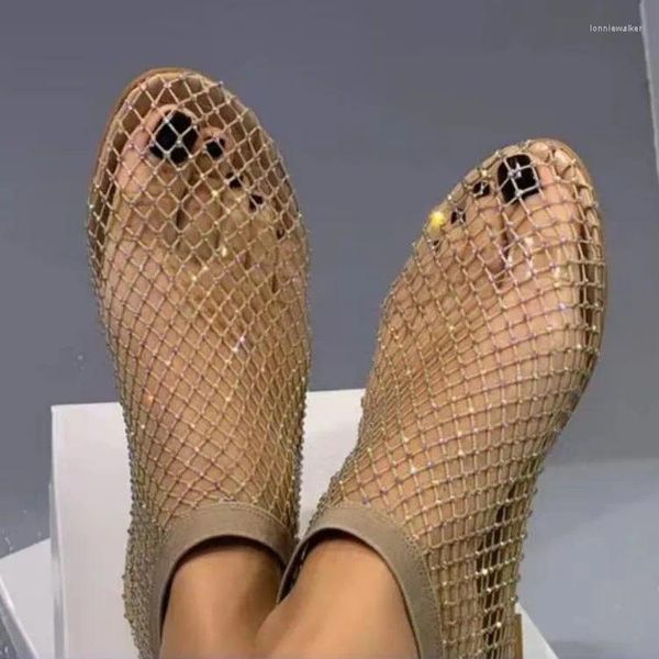 Sandales Mode Femmes Eau Diamant Filet De Pêche Fond Plat Haut Haut Romain Véritable Chaussures De Fête En Cuir